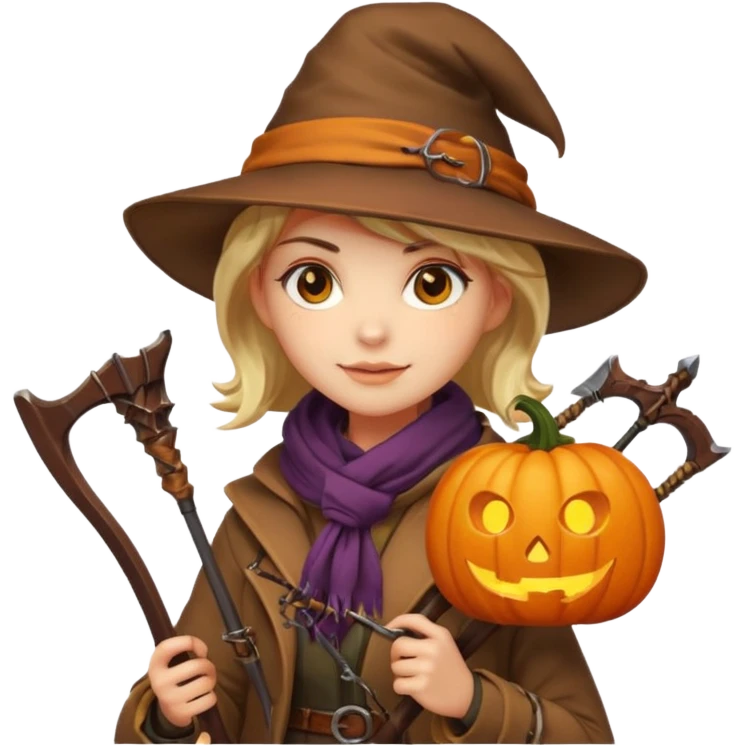 female human monster hunter emoji, wearing brown coat and hat, holding crossbow, soft smile, scarf, glowing pumpkin by her side, Halloween fantasy style, clean vector Apple emoji look, bright colors, white background, square emoji