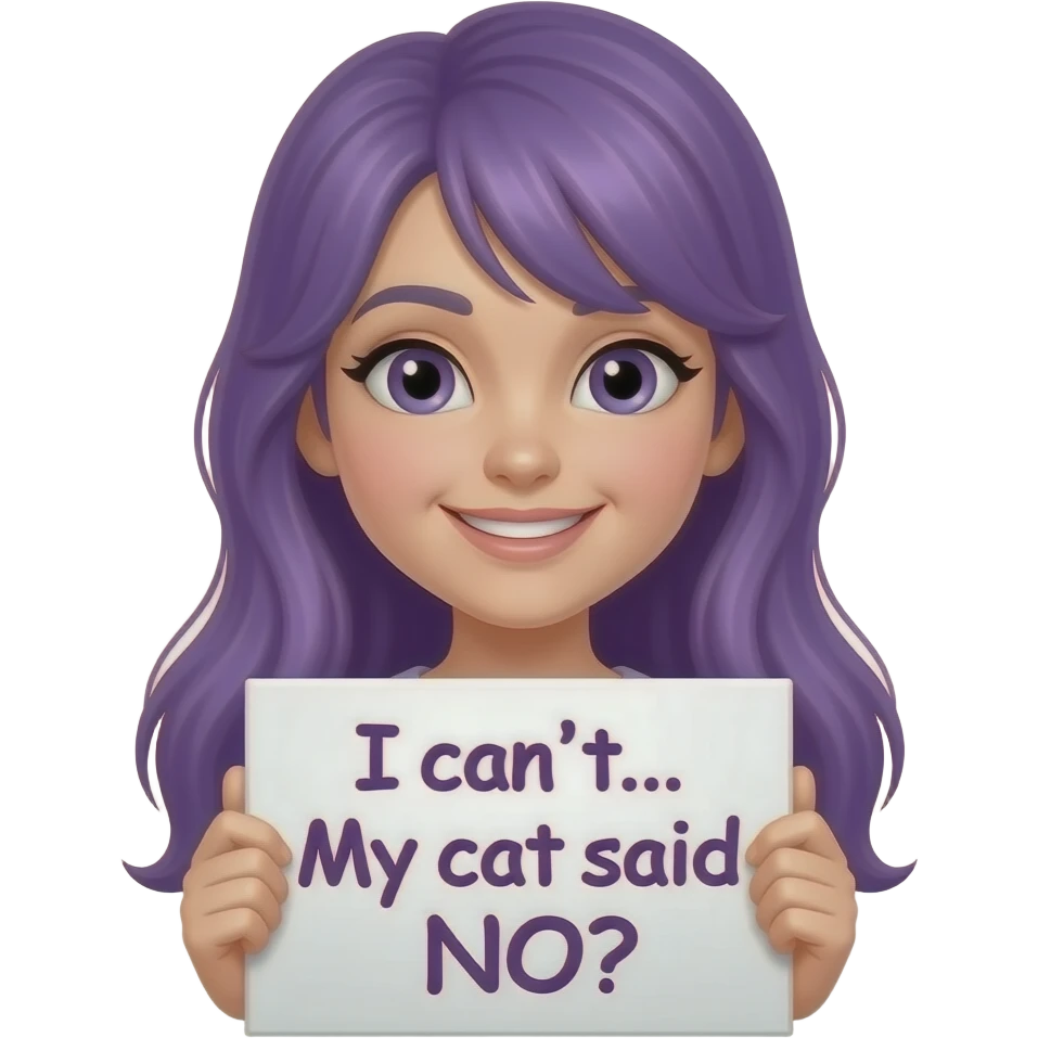 girl with long purple hair with a Ich kann nicht... MEINE KATZE hat NEIN gesagt sign emoji