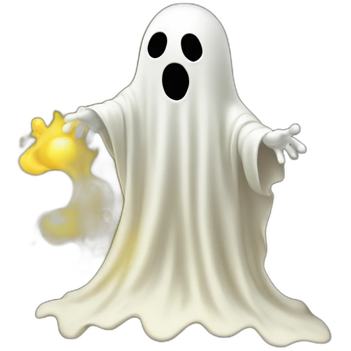 ghost stuck halfway in a wall ejecting a spray of yellowish white milky substance from center of body in all directions emoji