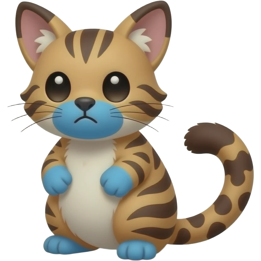 realistic sad precious cute young vertical-dark-brown-striped-and-vertical-white-striped Fakémon-Pokémon-feline-Zeraora-vernid-serval-caracal-chinchilla-Cinccino-rodent-hybrid-creature (full body) with cobalt-blue muzzle, cobalt-blue puffy fluffy paws, tufted spotted lynx-ears, spotted leopard tail emoji