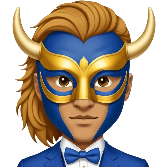 a man, with a Blue suit,  wear half-face golden Buffalo masquerade mask emoji