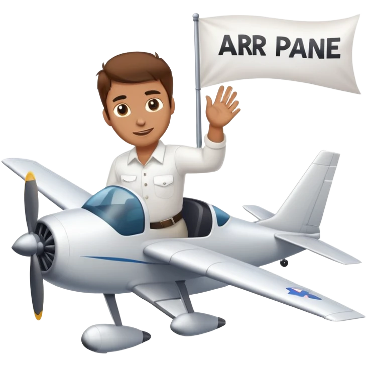Man with brown hair in white shirt flying plane with banner  that says arr behind the plane emoji