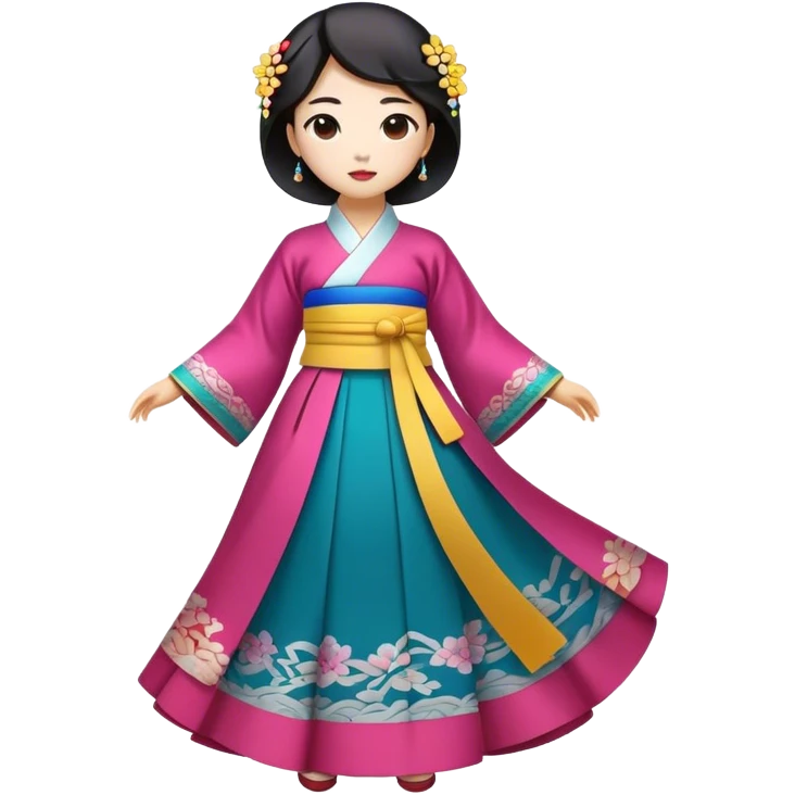 Cinematic Realistic Hanbok Emoji, depicted as a graceful intricately designed traditional Korean dress with vibrant colors and flowing lines, rendered with delicate textures and soft cultural lighting that captures its timeless elegance. emoji