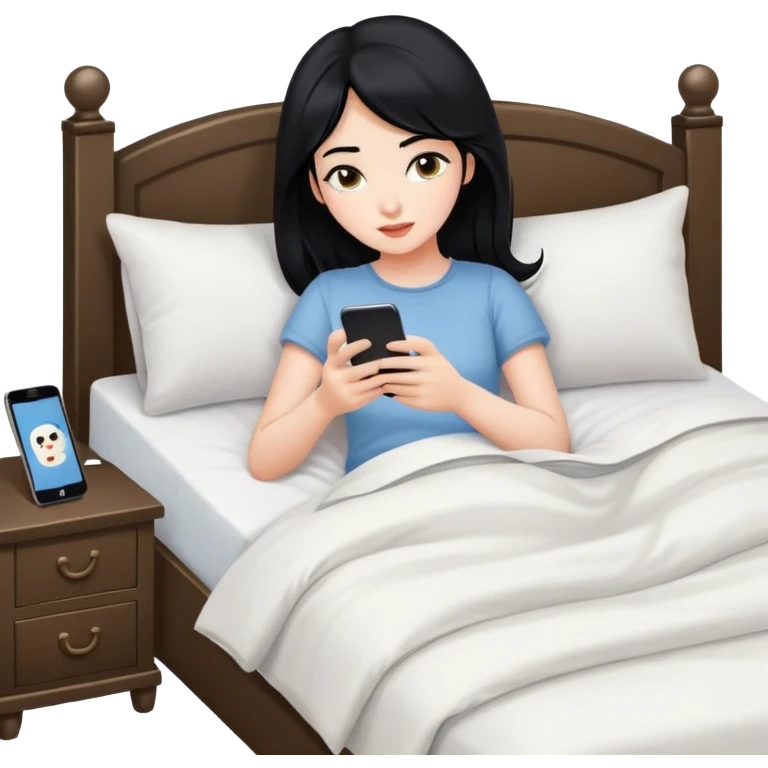 Girl scrolling on phone in bed with black hair one phone emoji
