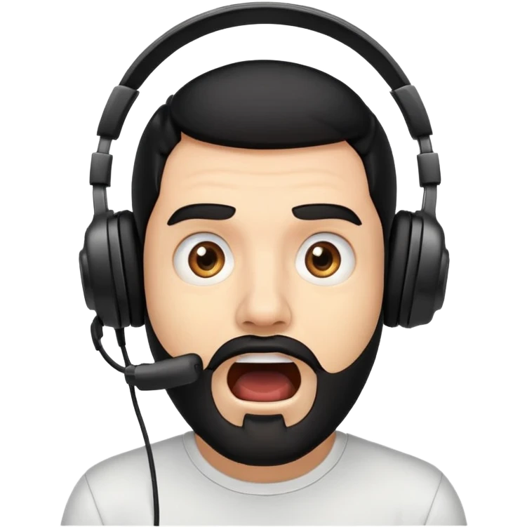 Very shocked man with wide eyes, open mouth, black hair, brown eyes, black beard wearing a gaming headset emoji