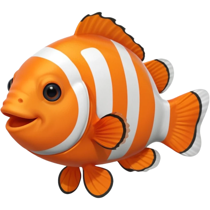 Full body of a clownfish with bright orange and white striped body, small fins, rounded tail, big black eyes, smiling expression, cartoon style, floating in water, front-facing emoji