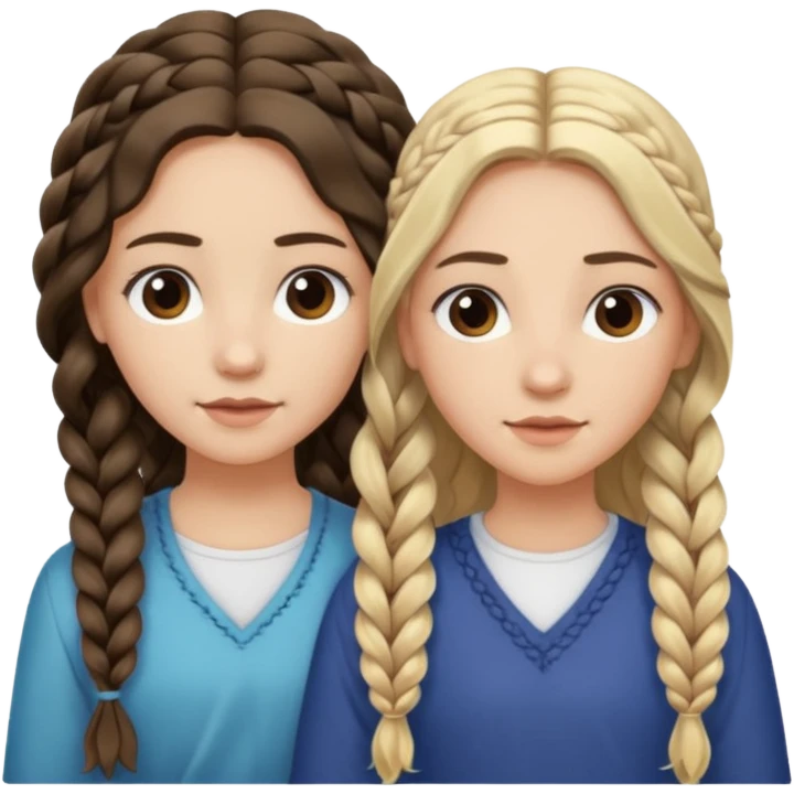Sister with long wavy loose flowing blonde hair and  sister with DARK BROWN HAIR WITH ONE BRAID on one side.   emoji