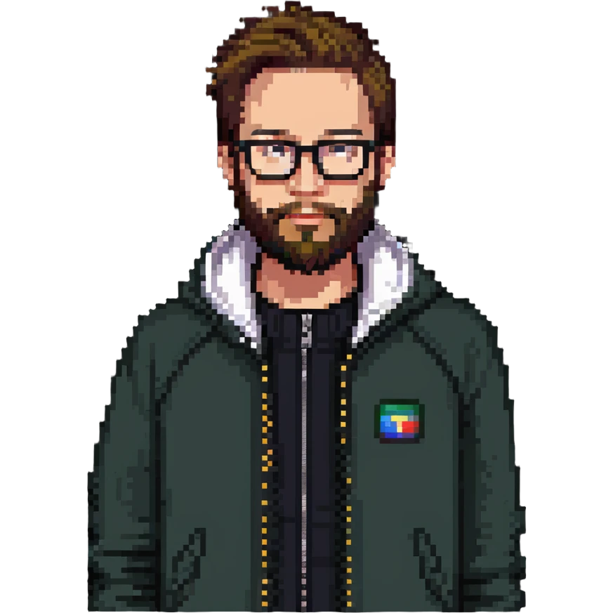 pixel art portrait of a person with glasses, beard, and a zip-up jacket, inspired by the reference photo emoji