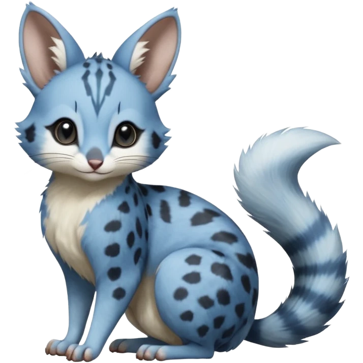 Blue-pointed, grey, soft natural realistic romantic vintage antique divine beautiful elegant pretty precious cute young youthful  Fakémon-Pokémon-alien-opossum-squirrel-feline-serval-caracal-chinchilla-Minccino-Cinccino-Meowstic-rodent-hybrid-creature with a big fluffy bushy tail (full body) emoji