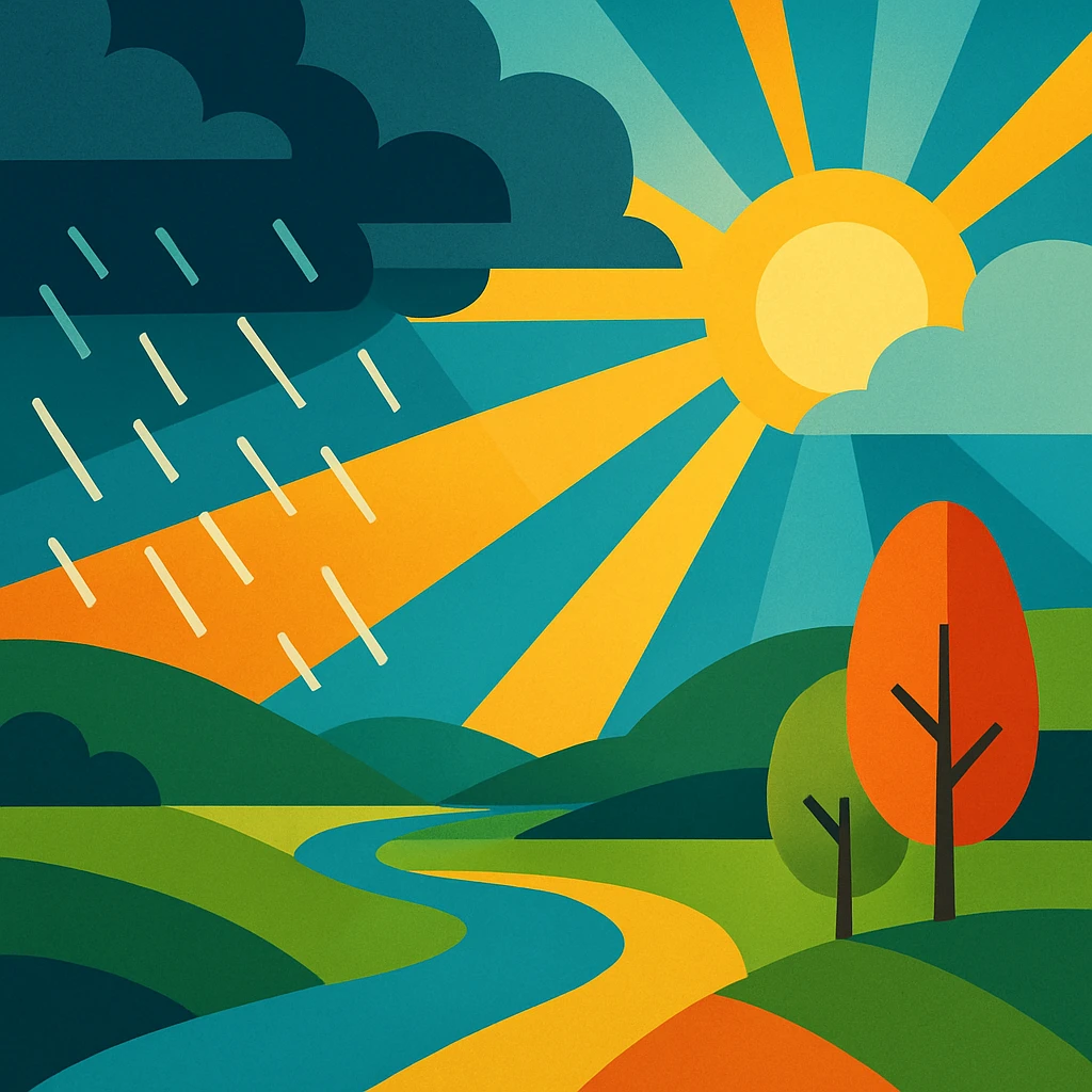 landscape scene where the rain ends and the first rays of sun pierce through the clouds, conveying hope emoji