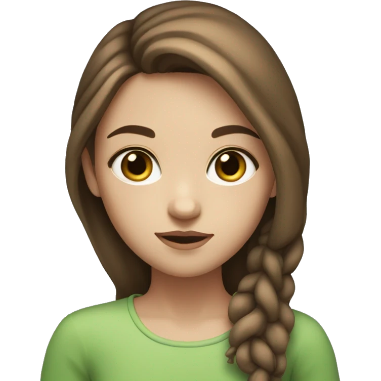 The girl has blue and green mixed eyes, brown hair, has blues on the front of her hair and white skin emoji