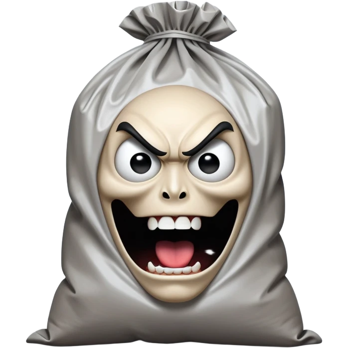 Super idol with a monster head screaming with part of a giant plastic bag around it and it has no eyes and the head is almost entirely covering his face but the part that you can still see of the actual super idols head is whitish gray and the background is pitch black emoji