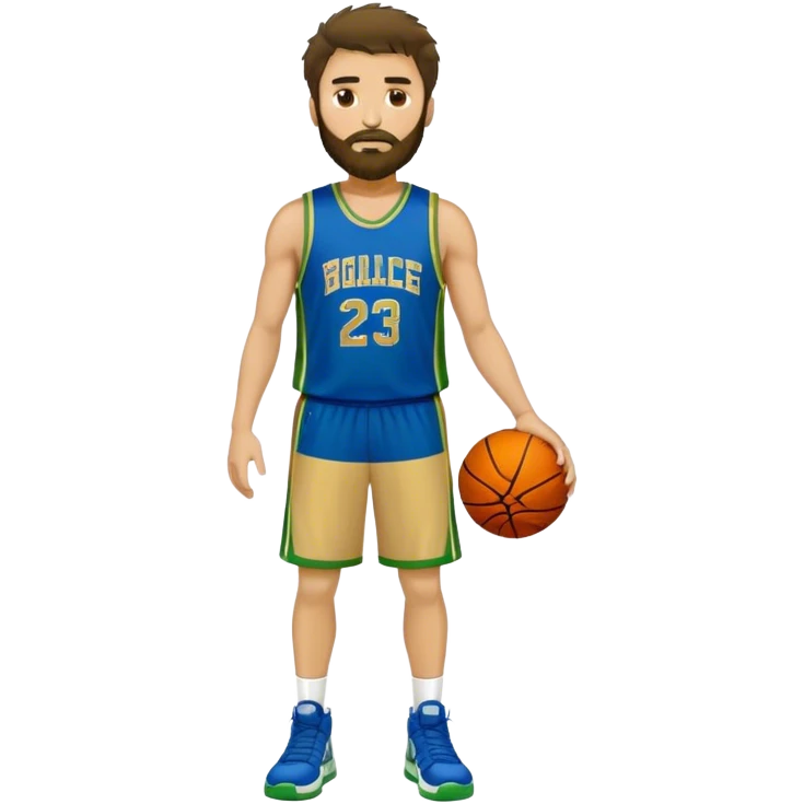 full body wHITE MAN WITH GOLD TEE BEARD DARK SHAGGY HAIR BASKETBALL PLAYER WEARING BLUE AND GREE UNIFORM emoji