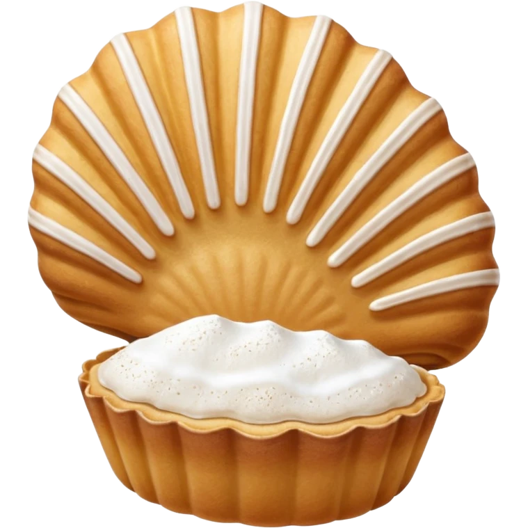A madeleine pastry. Oval shaped with four to five vertical lines going in the same direction. Scalloped seashell shape. Light golden brown. Scalloped edge. Cookie. Flat. emoji