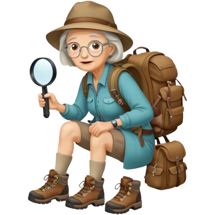 scout old woman backpack and magnifying glass, voyarer emoji