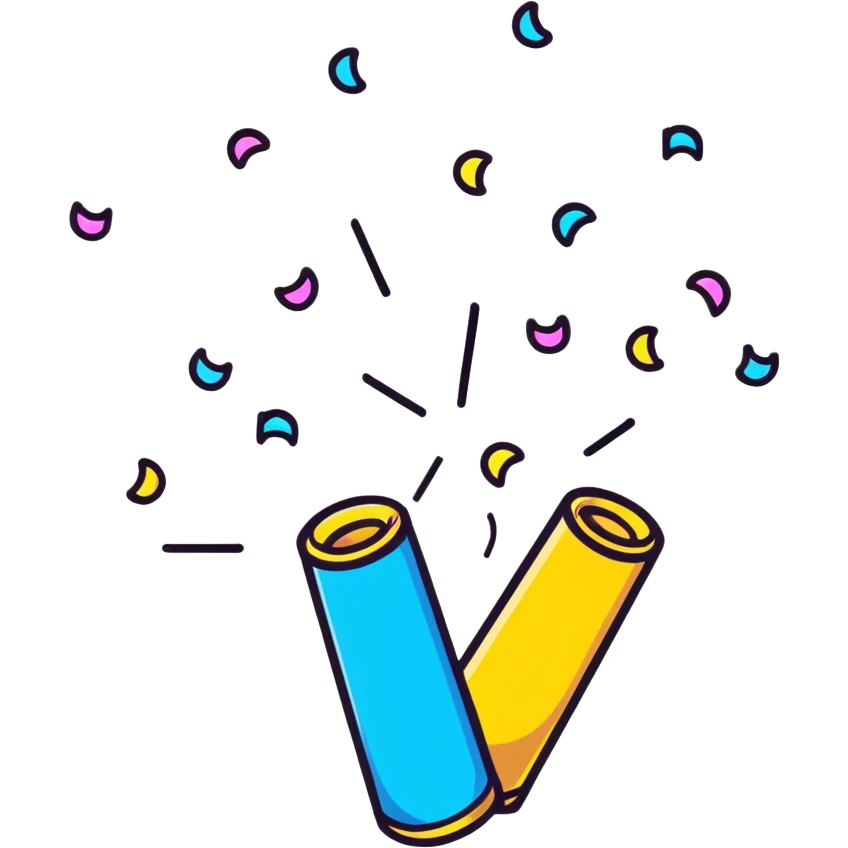 cartoonish sticker style party popper with confetti emoji