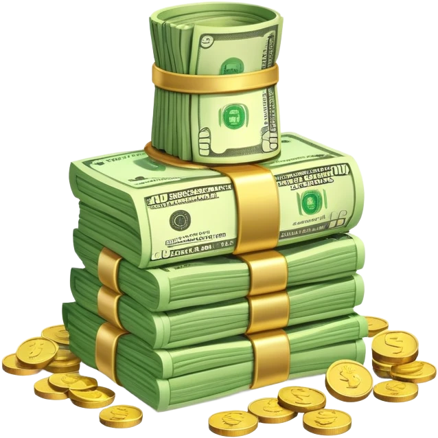 
"Create a digital illustration of a 'Starter Bundle' for an Emoji AI. The bundle should include representations of 'Little Money' and 'Coins.' The 'Little Money' should feature a small stack of bills with a few scattered coins emoji