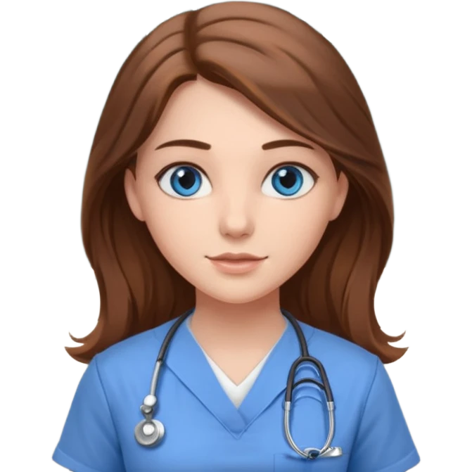 inside a classroom at university that says nursing school on the board with a pretty female nursing student with long brown hair, blue eyes emoji