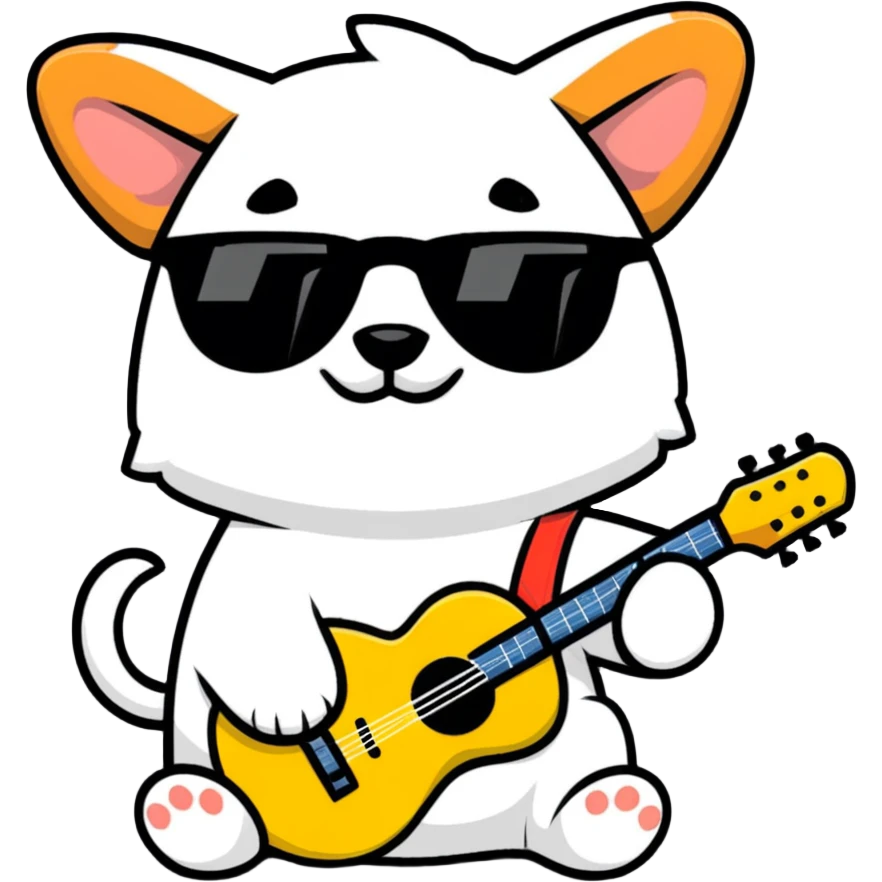 dog in sunglasses playing guitar, fun vibe emoji