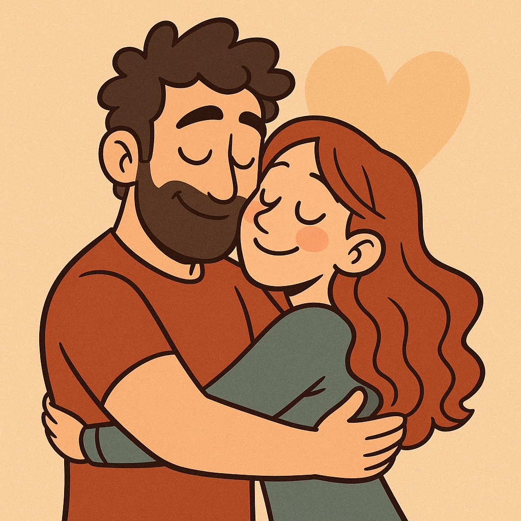 cartoon style illustration of a couple hugging, showing affection and love, warm and romantic mood emoji