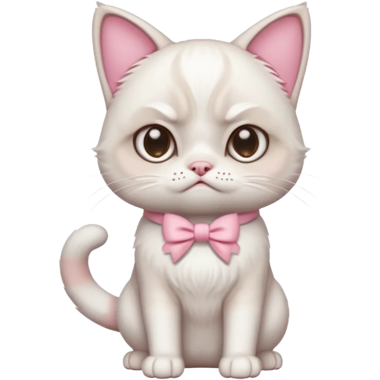 A White grumpy cat with light pink ears and paws and with a bow around its neck. The cat shall be on two legs emoji