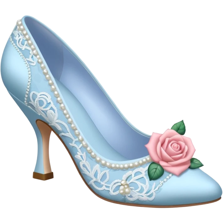 pastel blue kitten heel with lace pearls and rose emoji