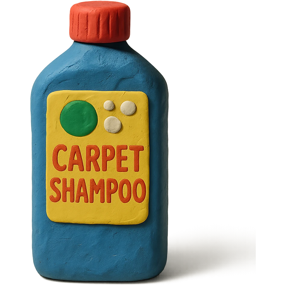 bottle of carpet shampoo with bright label and visible fingerprints, claymation style emoji
