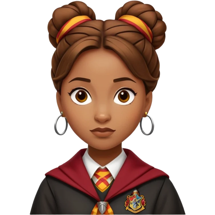 Angelina Johnson in harry potter, wear hogwarts gryfindor uniform,  thick, brown knot bun hair , reflecting her bold, stylish, and strong personality emoji