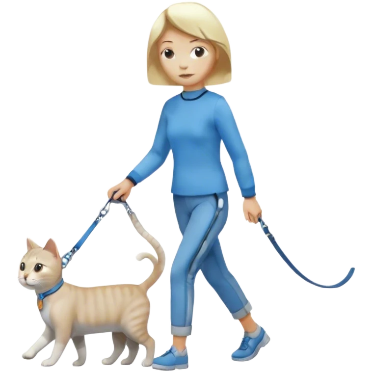 blonde short-haired woman walking a gray and white cat on a blue leash emoji