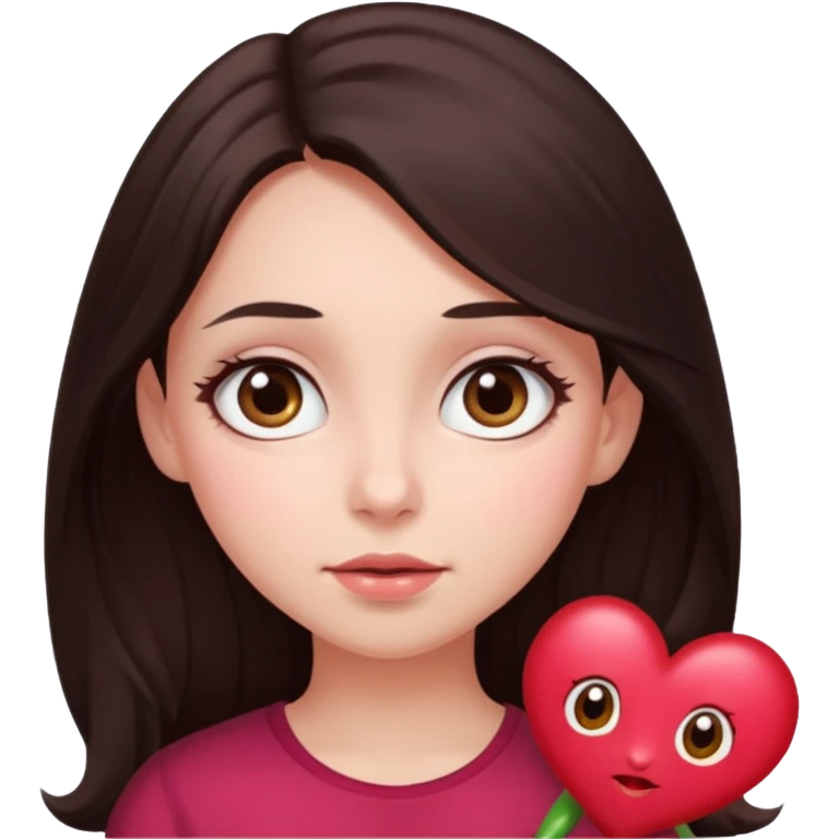 An featuring a woman with dark brown long hair, brown big eyes, light pinkish skin, red cheeks, sweet emoji
