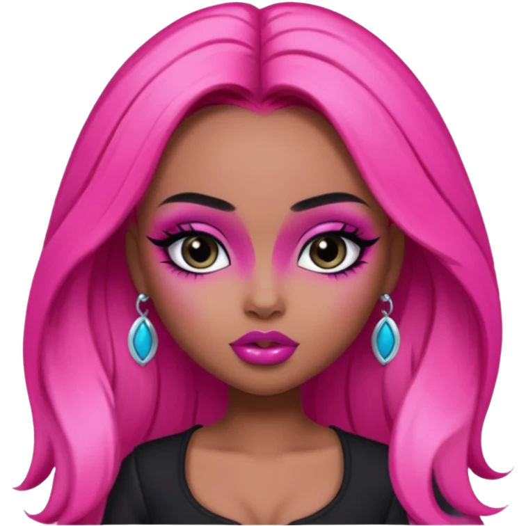 pretty bratz baddie, pretty black makeup, hot pink long hair, pretty emoji