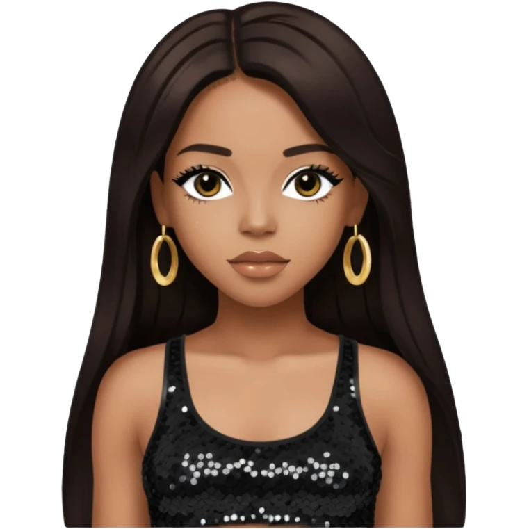 Aaliyah with long dark brown hair, sequin black crop top emoji