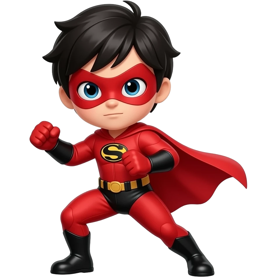 quiero que me hagas a un superheroe con el pelo negro mascara roja i con un traje rojo que sea un niño peleando emoji