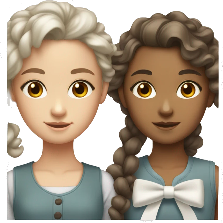 3 teen girls with brown hair, 1 with straight hair and grey eyes and 2 with curly hair and brown eyes. that have white hair bow.  emoji