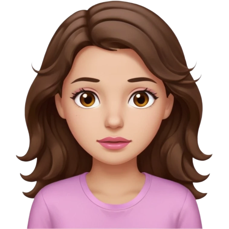girl with wavy long brown hair, brown eyes, light to medium complexion, long lashes, light pink lipstick, wearing light pink shirt, sweating on the forehead emoji