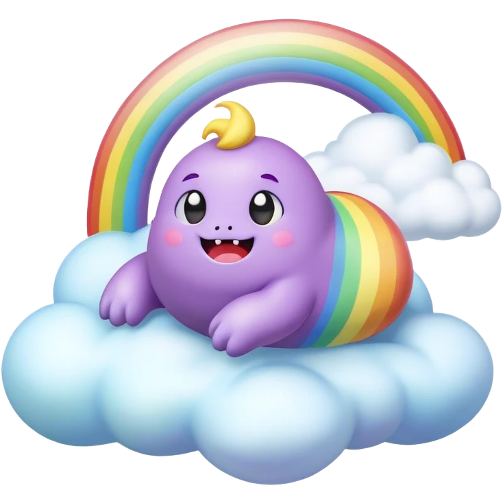 3D, Kawaii derpy fat rainbow monster laying on a magic rainbow cloud, rich textures, visually detailed, so lifelike that it feels like it could leap off the page at any moment emoji