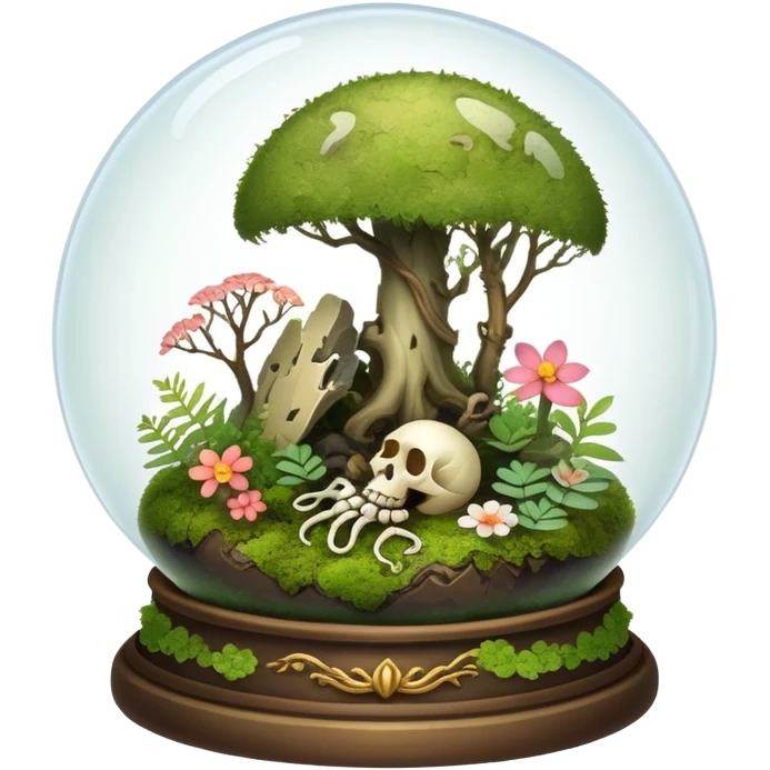 Mystical woodland glass-dome-terrarium-globe with moss inside, with bones inside, and flowers inside  emoji