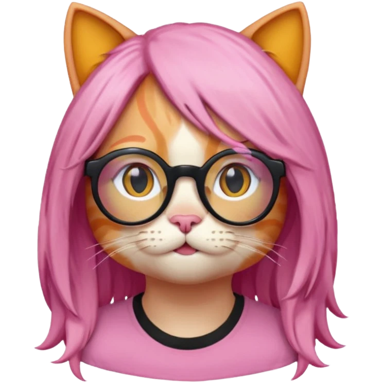 Orange Yellow cat wearing a long pink hair wig, black circle glasses, white T-shirt emoji