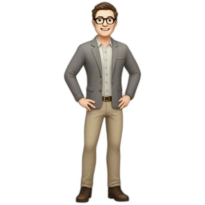 Joyful Full height Pale skinned Fit Man With dark brown hair in gray jacket, beige office shirt, Brown pants and vintage glasses. His thrumbs up emoji