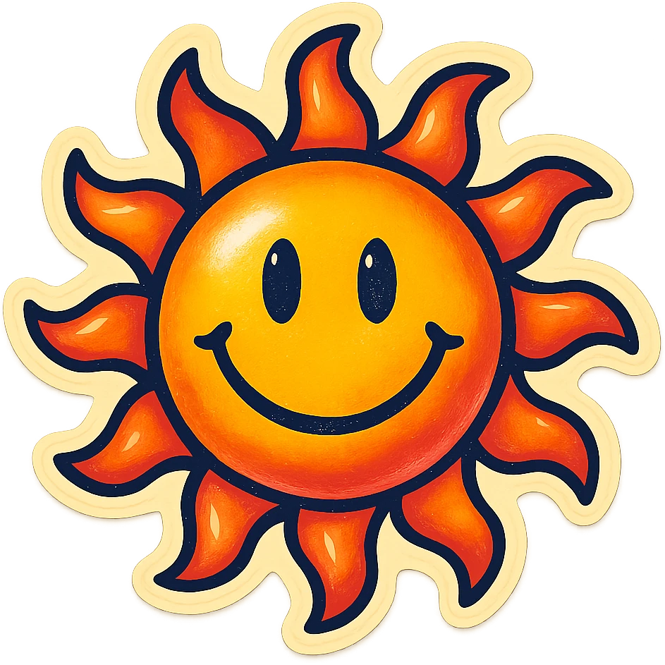 retro sticker art of a smiling sun with bold lines, no border, transparent background emoji