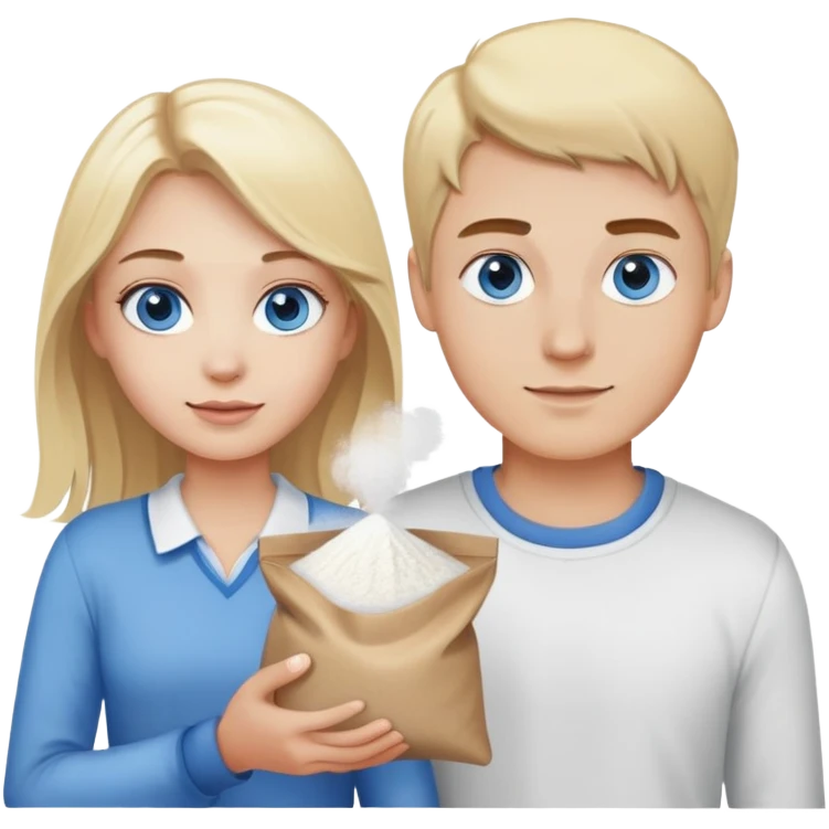 Blonde guy with blue eyes and blonde girl with brown eyes holding a bag of white powder emoji