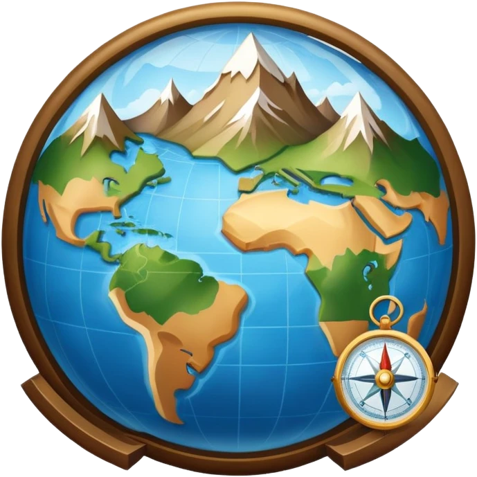 An icon featuring a globe, a compass, and a map, symbolizing geography. The design includes mountain ranges, rivers, and continents, representing the study of Earth’s landscapes and environments. Transparent background highlights the exploration and understanding of the world’s geography. emoji