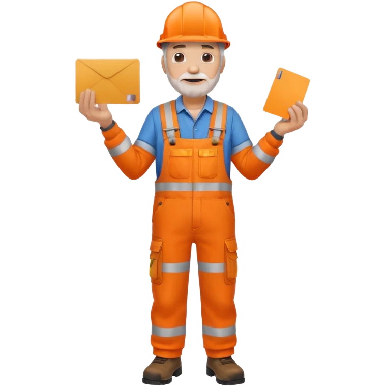 older engineer hi-vis orange overalls full body holding a card emoji
