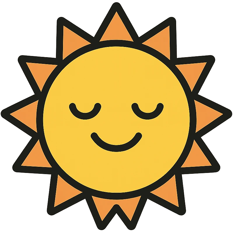 A sun with a content expression, in the style of a lineal color icon with black outlines emoji