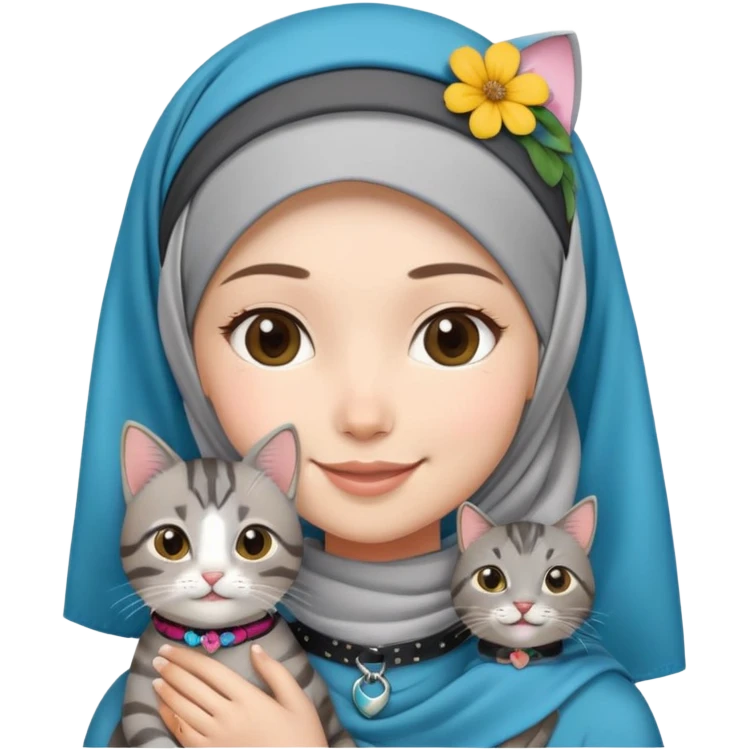Asian White girl wearing flower headscarf (hijab)  holding a black grey tabby cat while smiling.  The cat is wearing a blue collar emoji