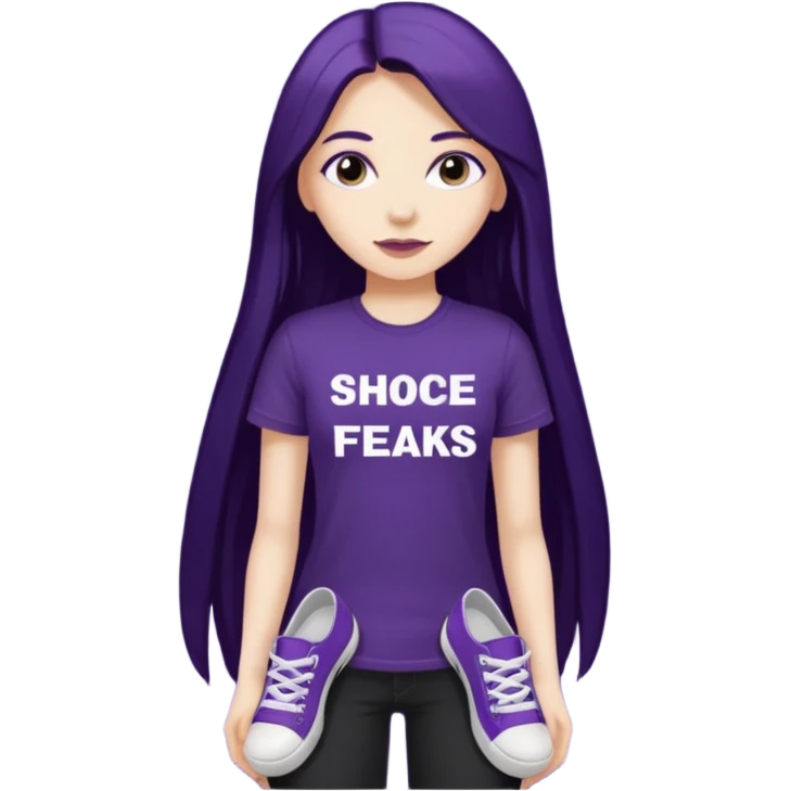 Girl dark purple long hair black tshirt "shoe freaks website " in white letters emoji