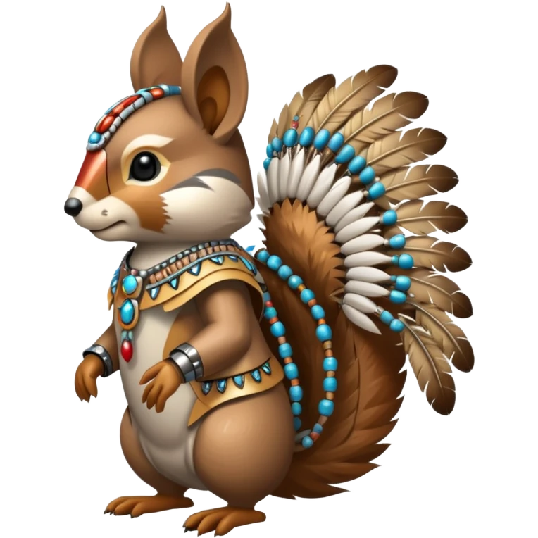 Full Robotic squirrel wearing native American regalia with feathers and beads emoji