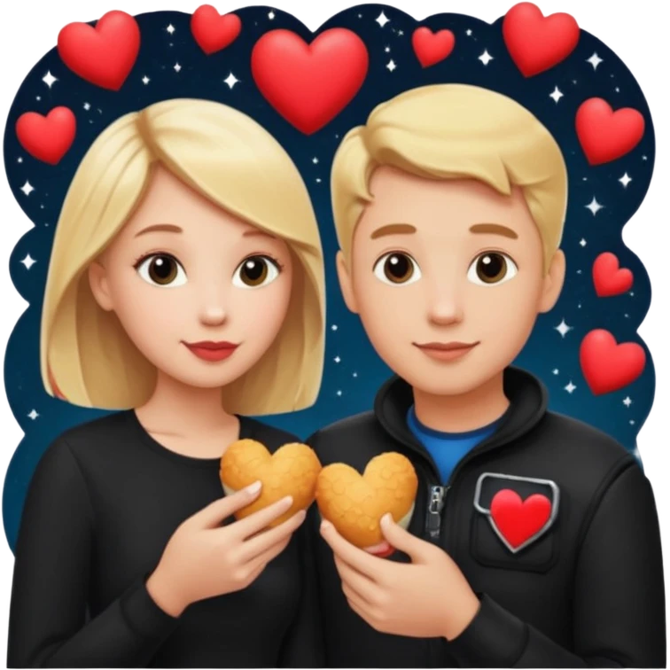 Couple with blonde hair wearing black eating chick filet hearts and outer space in the background  emoji