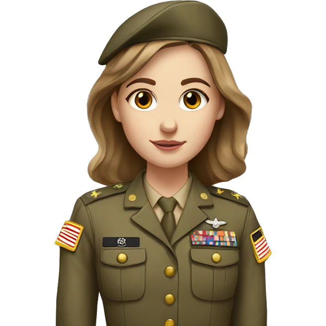 White girl in army uniform with brown hair and hazel eyes emoji