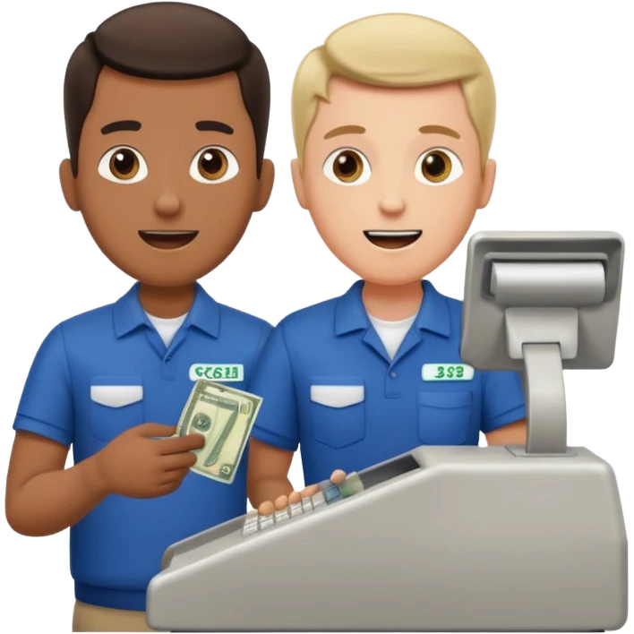 Supermarket employee at a cash register, full body, serving a man surprised emoji